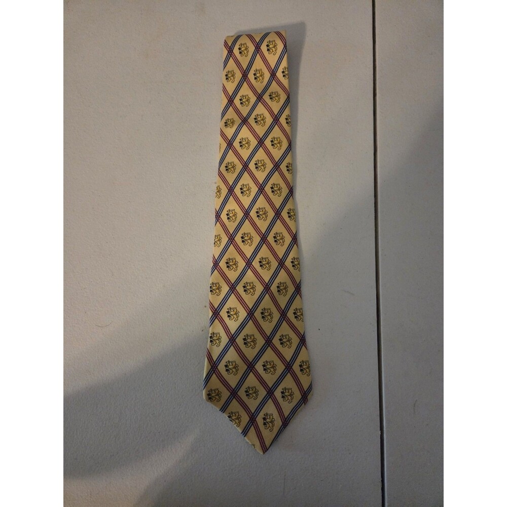 Tommy Hilfiger Mens Necktie Yellow Plaid Diamond Crest Lion Burgundy Star...